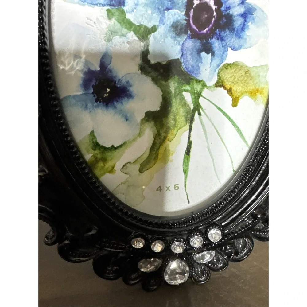Vintage Black Acrylic Oval Frame Rhinestones 4 X 6 Felt Back‎ Stand Glass Insert